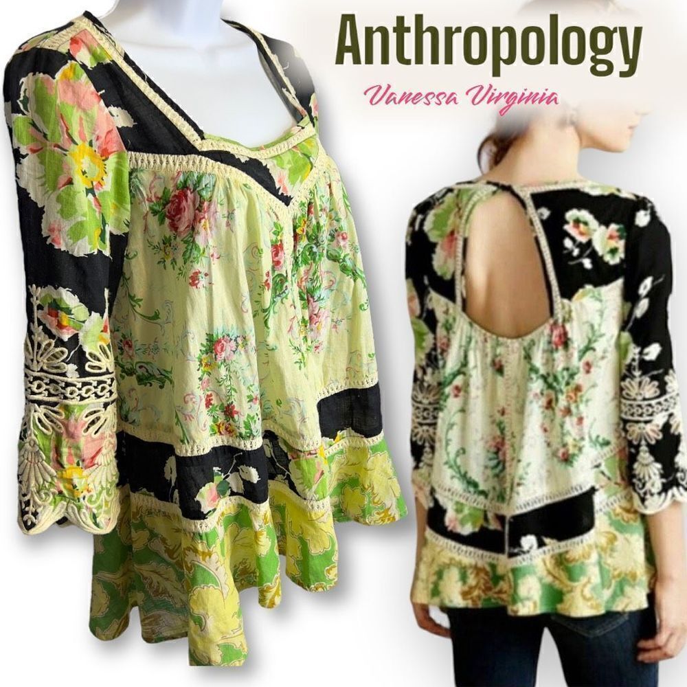 Anthropologie Vanessa Virginia Prateria Peasant Top sz 0 A61 UK 4 EUR 32 Floral